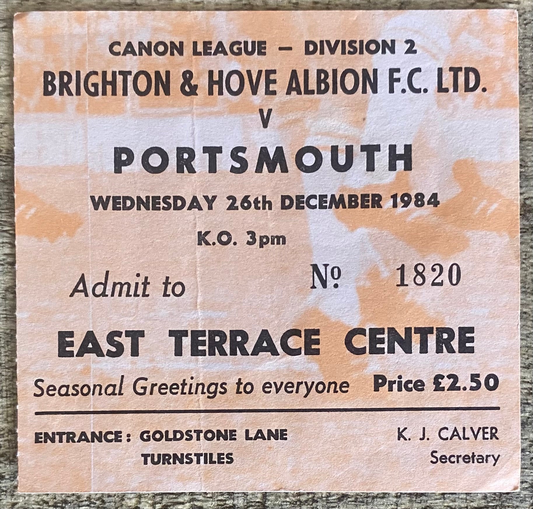 1984/85 ORIGINAL DIVISION 2 TICKET BRIGHTON AND HOVE ALBION V PORTSMOUTH