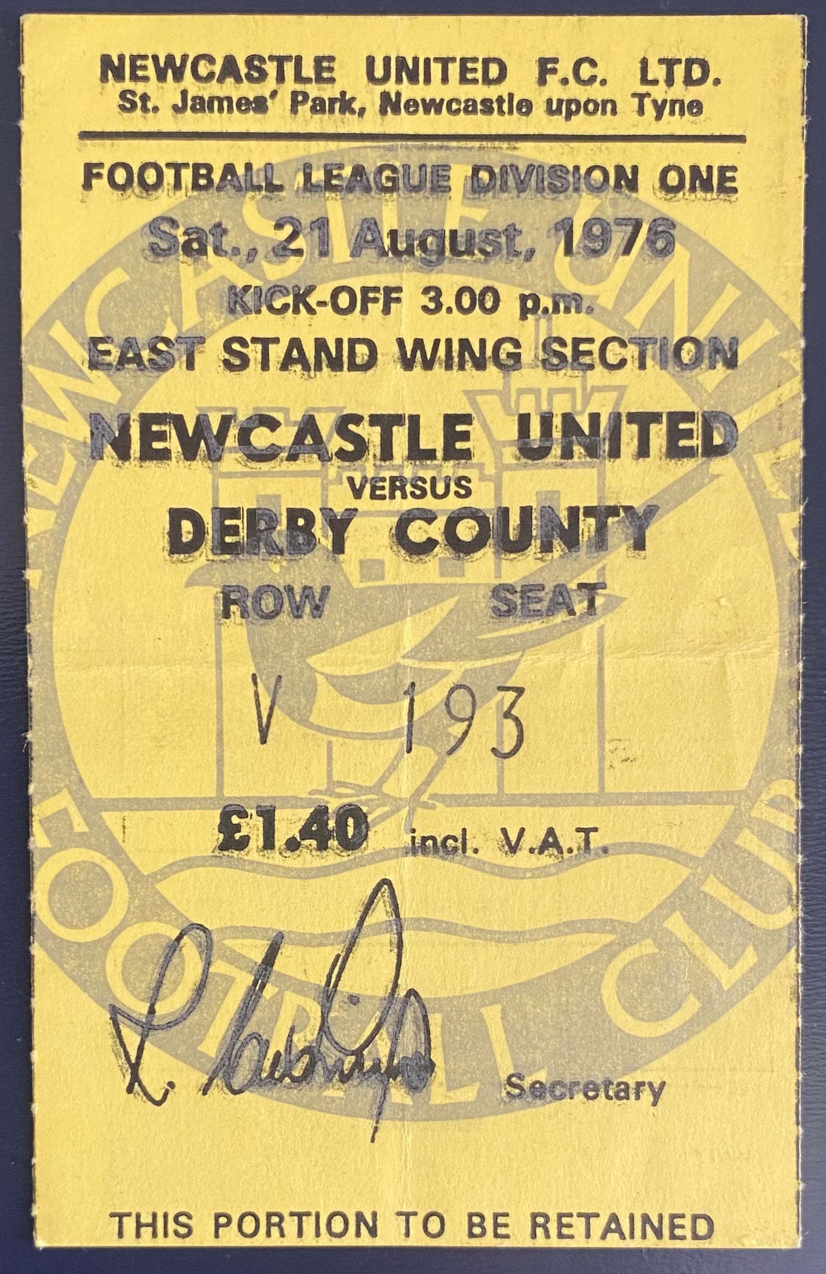 1976/77 ORIGINAL DIVISION 1 TICKET NEWCASTLE UNITED V DERBY COUNTY