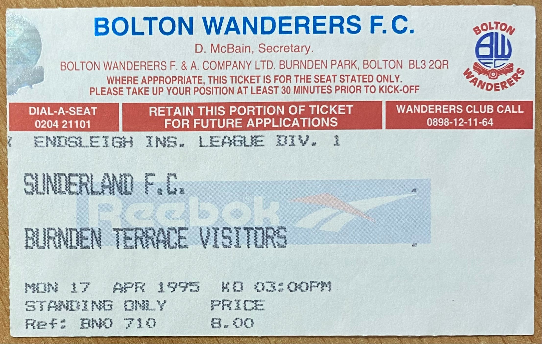 1994/95 ORIGINAL DIVISION 1 TICKET BOLTON WANDERERS V SUNDERLAND