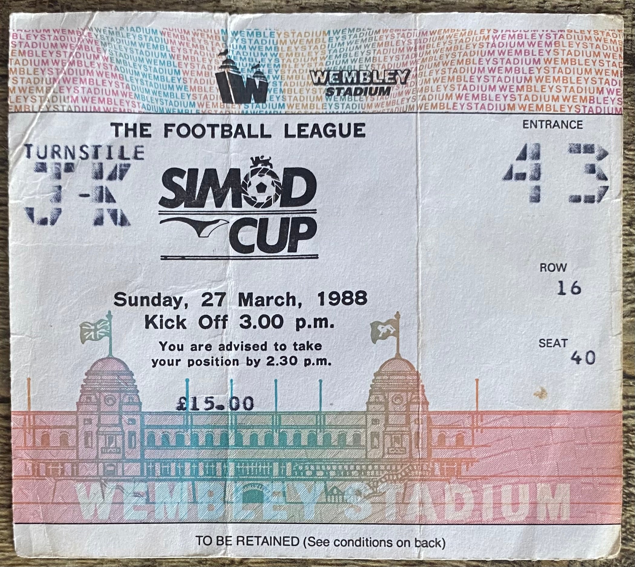 1988 ORIGINAL SIMOD CUP FINAL TICKET READING V LUTON TOWN