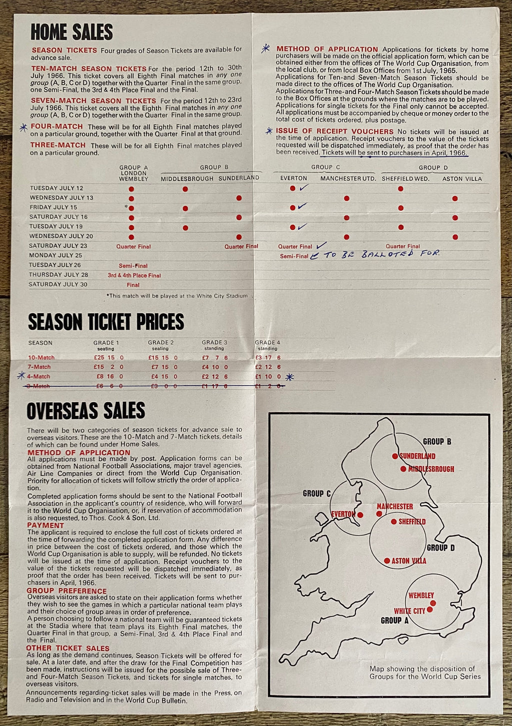1966 WORLD CUP ORIGINAL OFFICIAL TICKET INFORMATION FOLD OUT BOOKLET