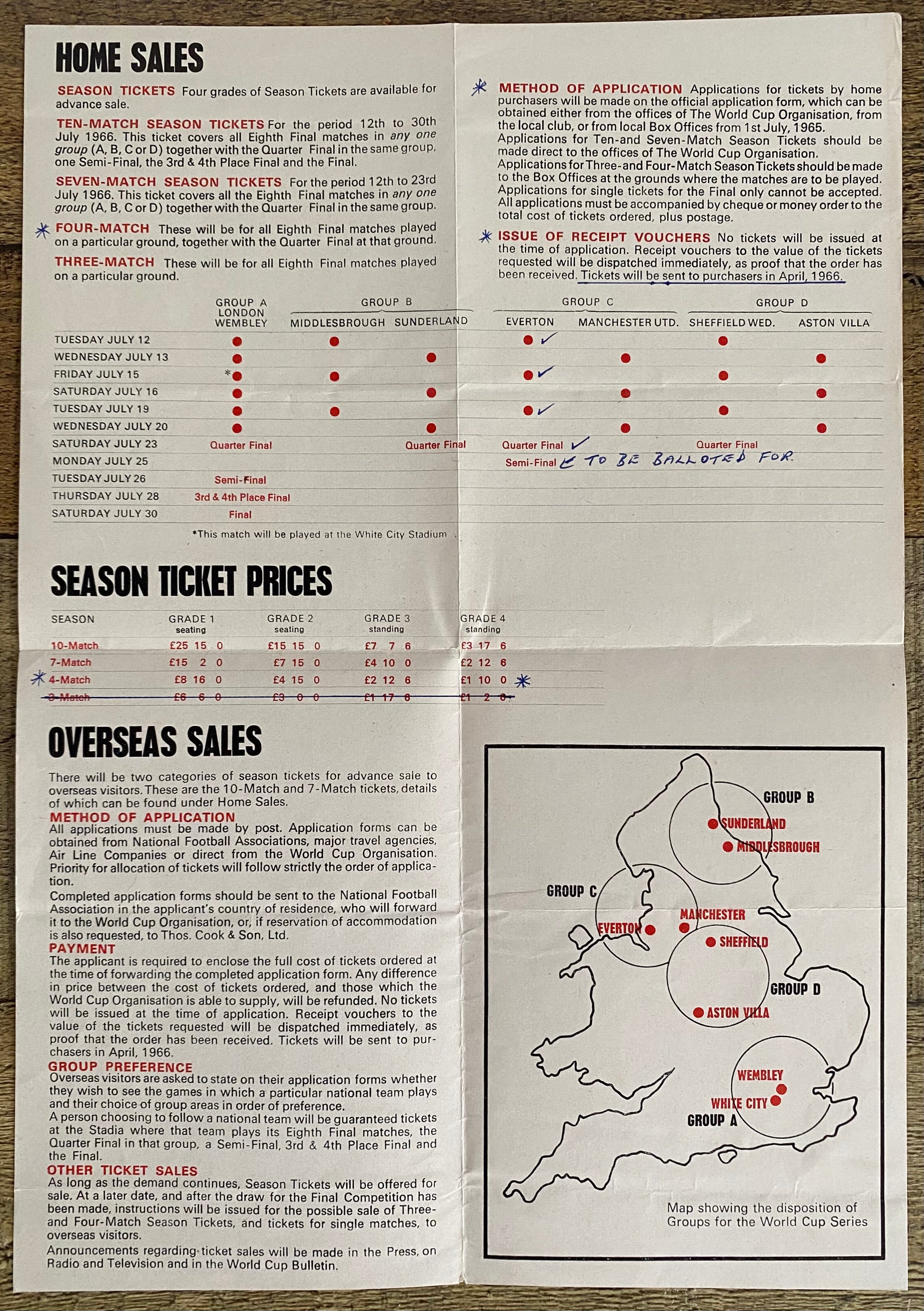 1966 WORLD CUP ORIGINAL OFFICIAL TICKET INFORMATION FOLD OUT BOOKLET