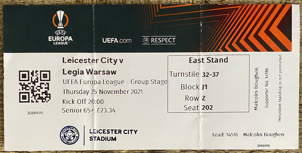 2021/22 ORIGINAL EUROPA LEAGUE GROUP STAGE TICKET LEICESTER CITY V LEGIA WARSAW