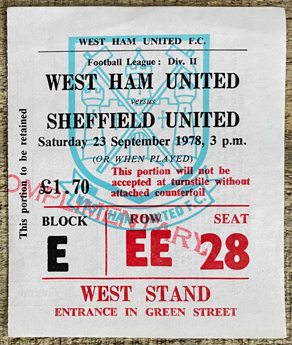 1978/79 ORIGINAL DIVISION 2 TICKET WEST HAM UNITED V SHEFFIELD UNITED