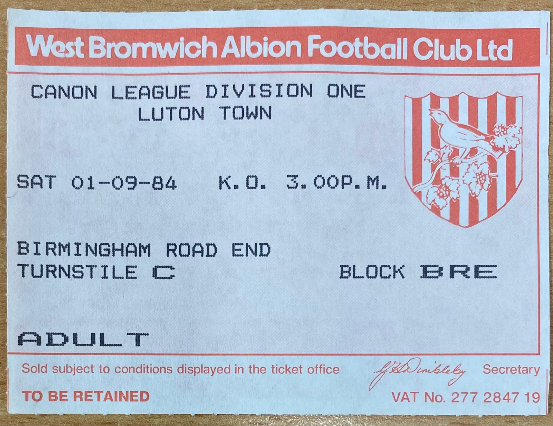 1984/85 ORIGINAL DIVISION 1 TICKET WEST BROMWICH ALBION V LUTON TOWN