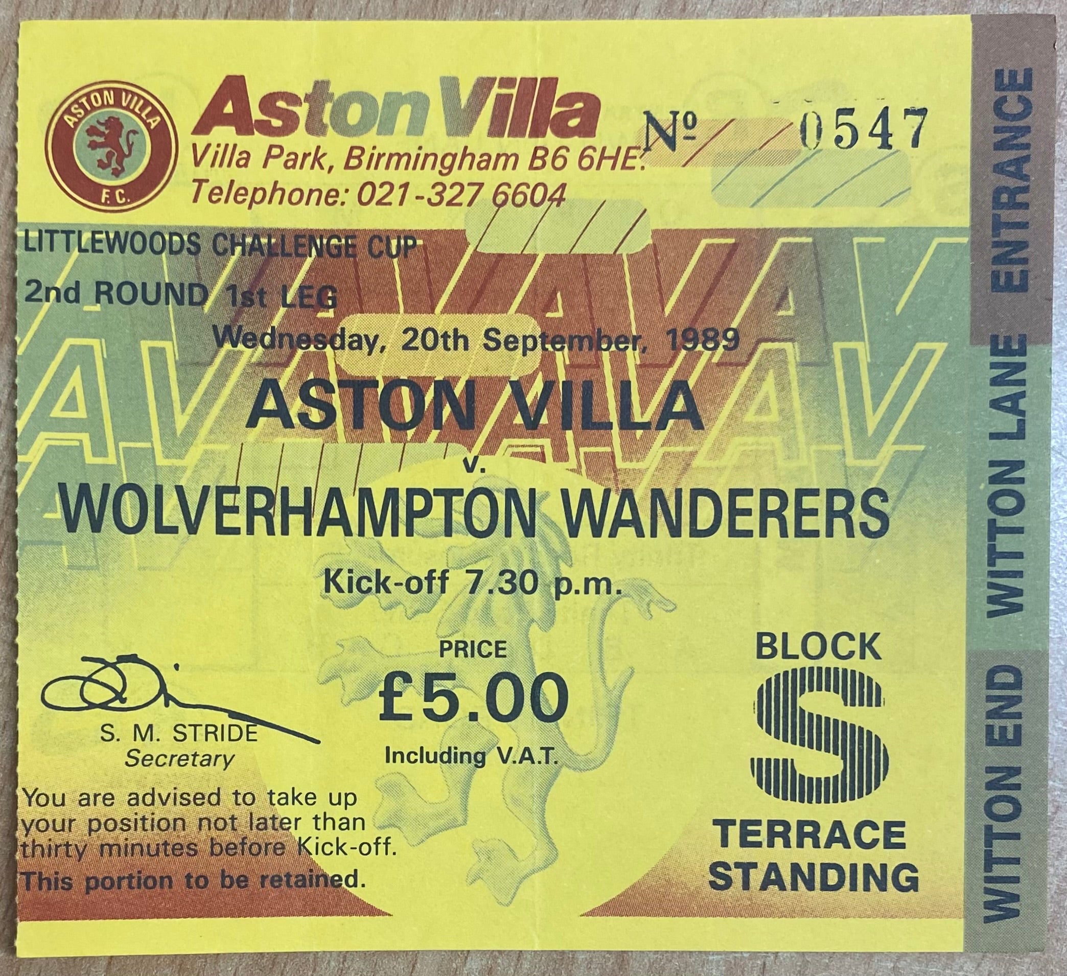 1989/90 ORIGINAL LITTLEWOODS CUP 2ND ROUND 1ST LEG TICKET ASTON VILLA V WOLVERHAMPTON WANDERERS