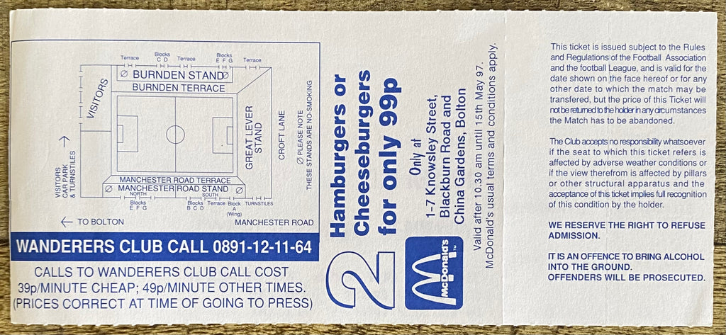 1996/97 ORIGINAL COCA COLA CUP 3RD ROUND UNUSED TICKET BOLTON WANDERERS V CHELSEA