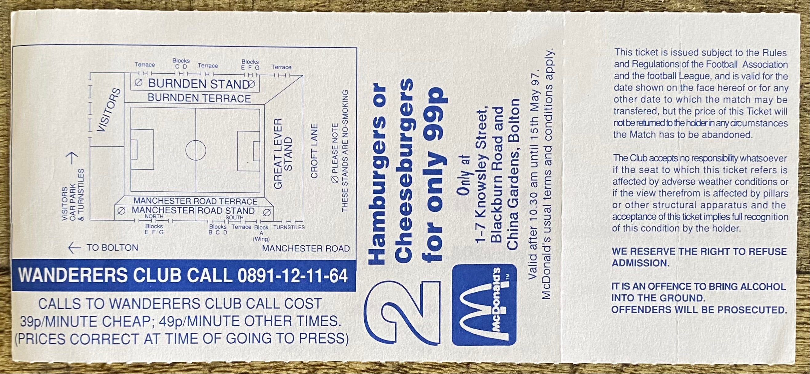 1996/97 ORIGINAL COCA COLA CUP 3RD ROUND UNUSED TICKET BOLTON WANDERERS V CHELSEA