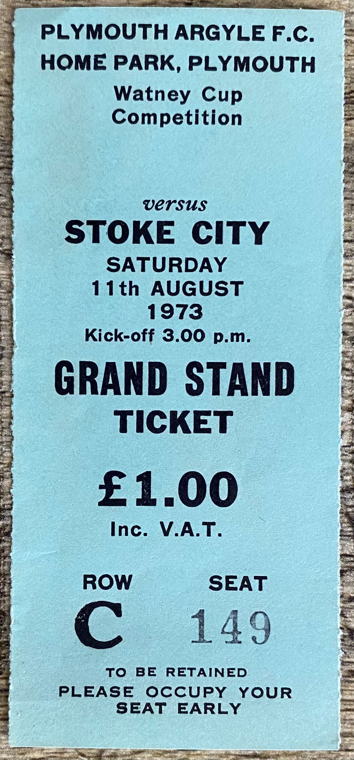 1973/74  ORIGINAL WATNEYS CUP TICKET PLYMOUTH ARGYLE V STOKE CITY