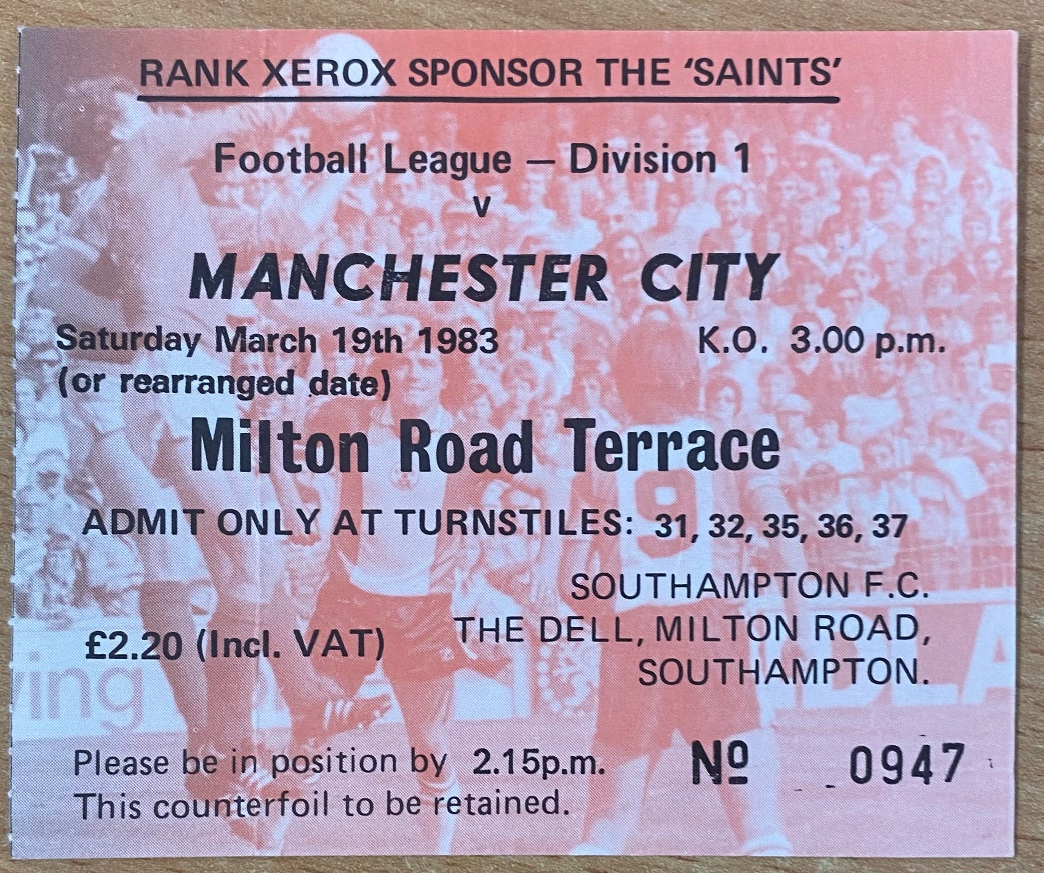 1982/83 ORIGINAL DIVISION ONE TICKET SOUTHAMPTON V MANCHESTER CITY