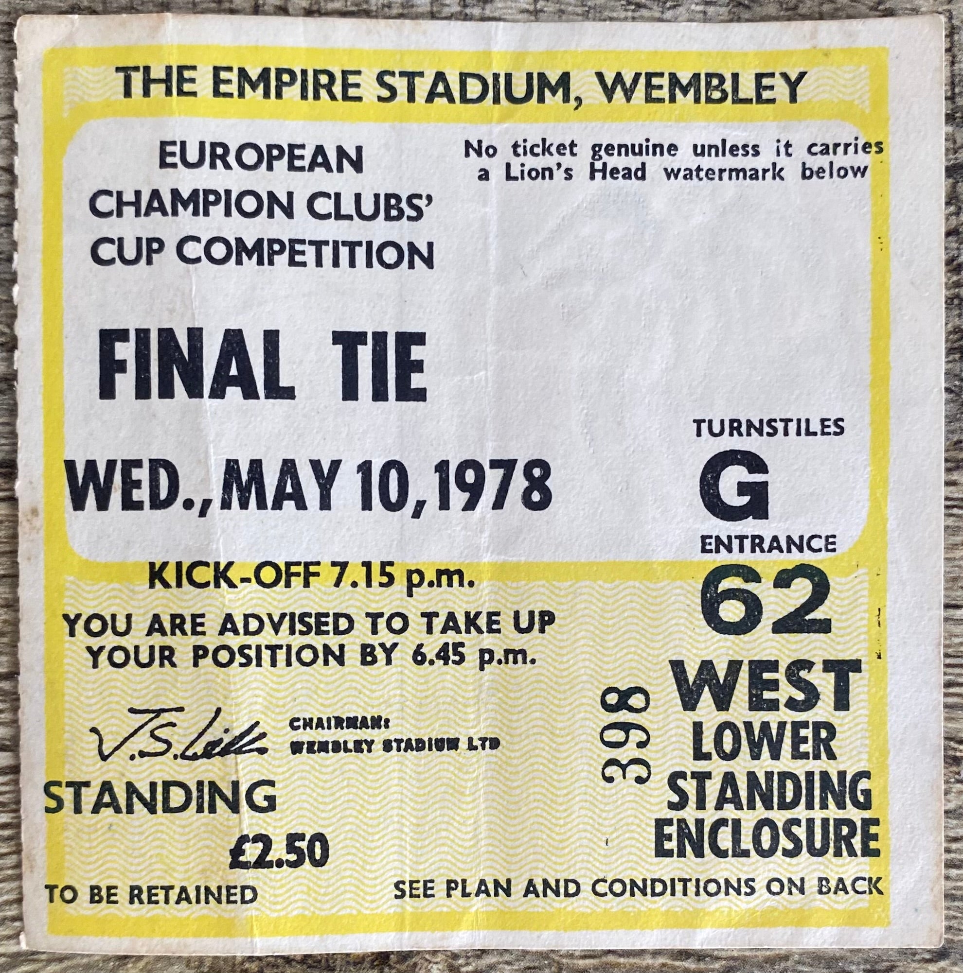 1978 ORIGINAL EUROPEAN CUP FINAL TICKET LIVERPOOL V FC BRUGES @ WEMBLEY