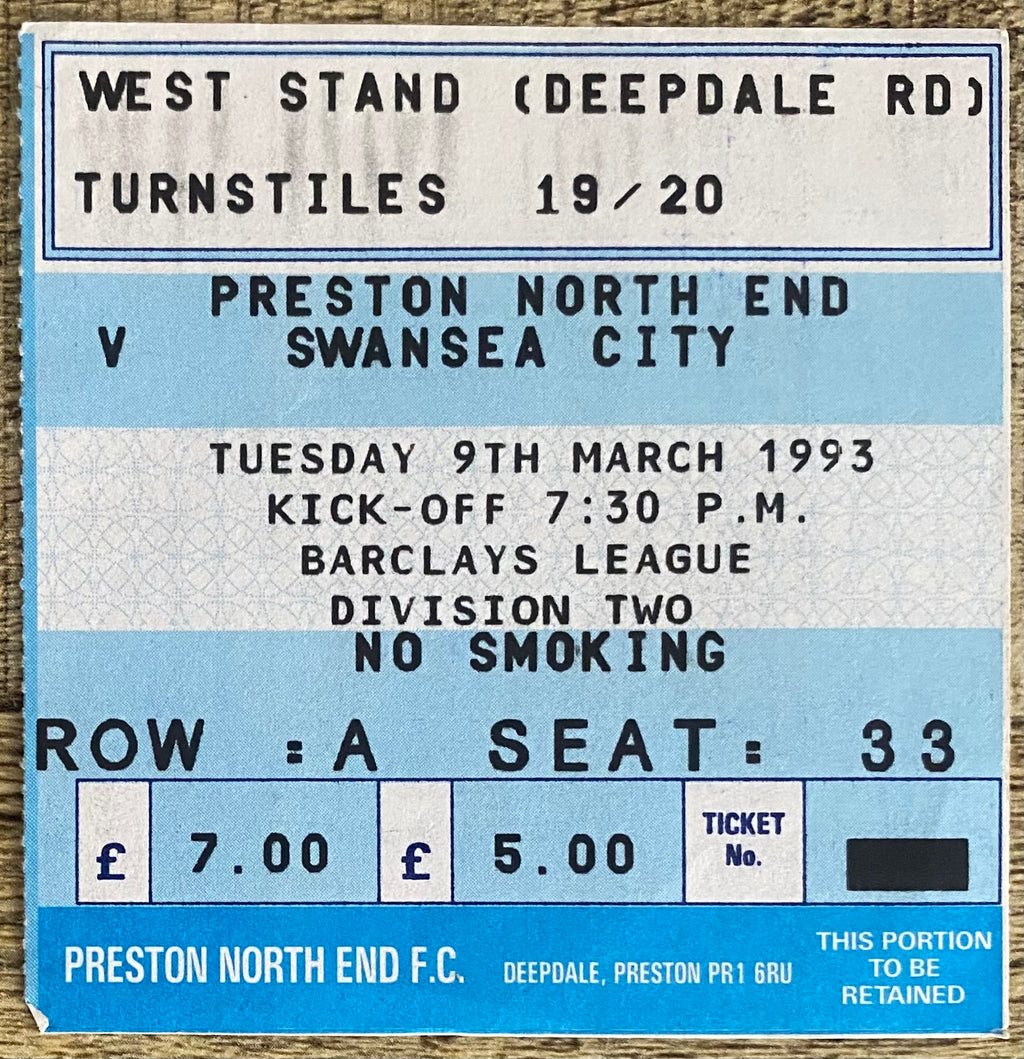 1992/93 ORIGINAL DIVISION 2 TICKET PRESTON NORTH END V SWANSEA CITY
