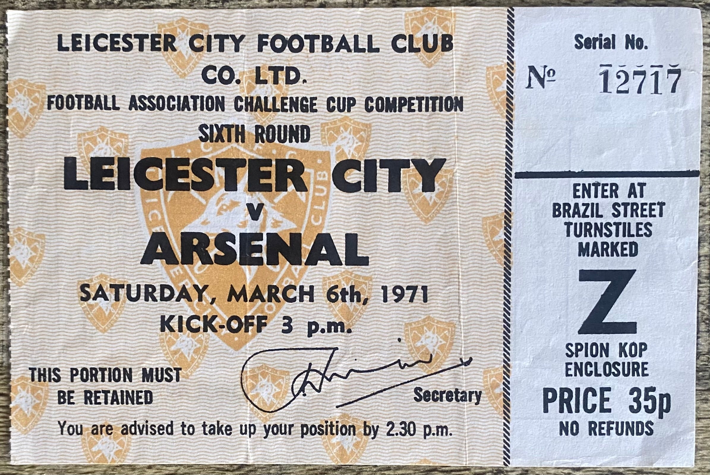 1970/71 ORIGINAL FA CUP 6TH ROUND TICKET LEICESTER CITY V ARSENAL