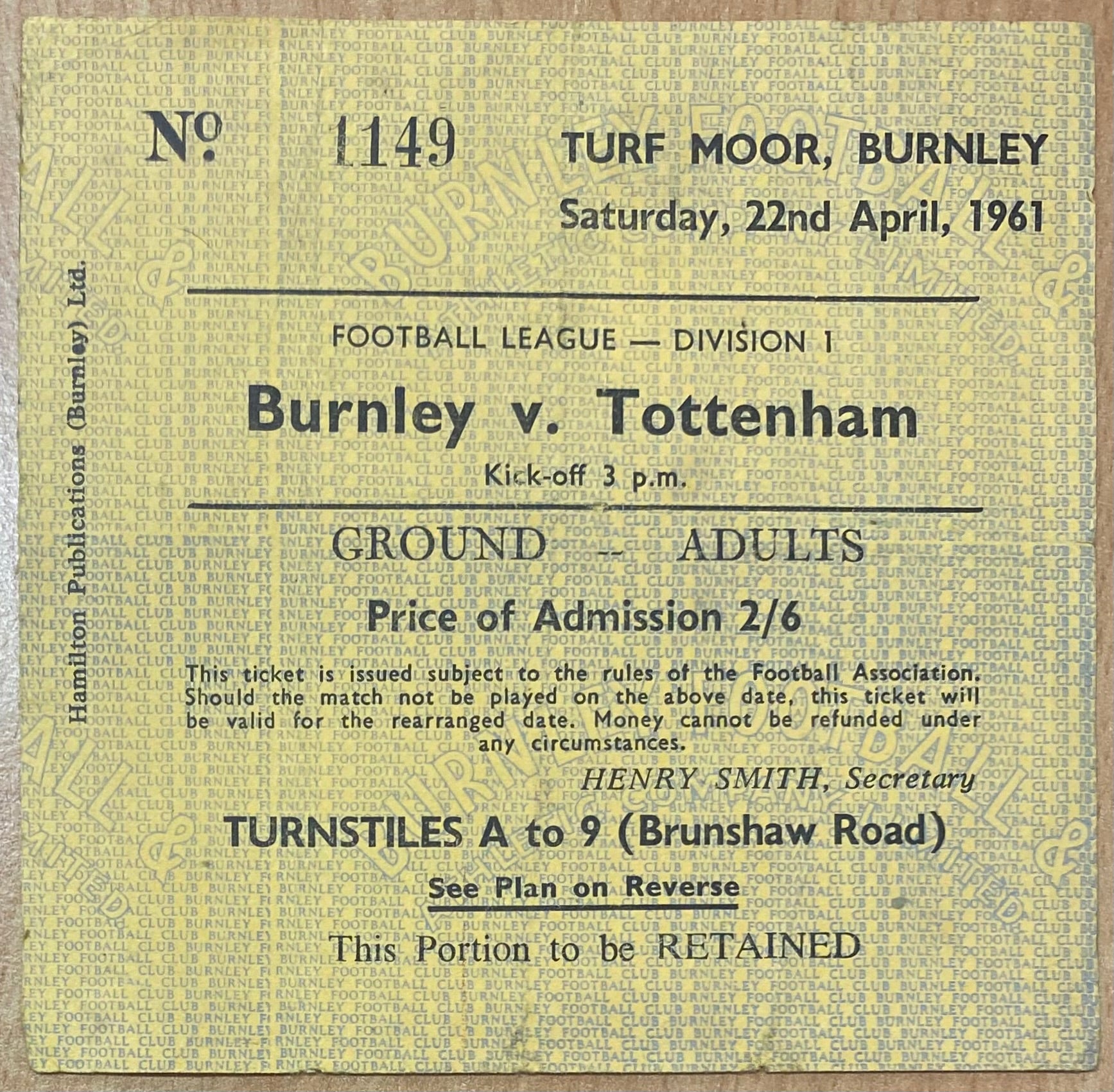 1960/61 ORIGINAL DIVISION ONE TICKET BURNLEY V TOTTENHAM HOTSPUR
