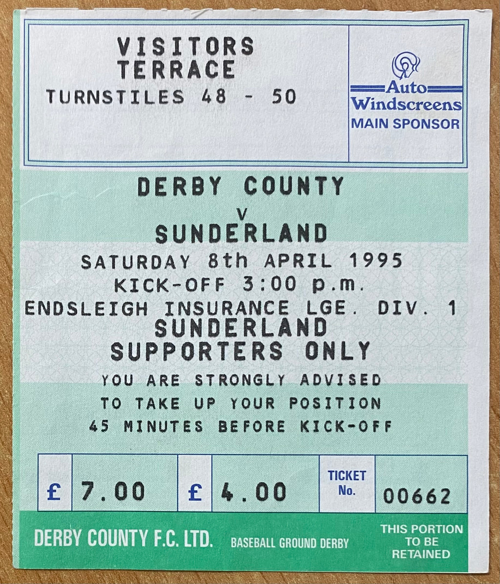 1994/95 ORIGINAL DIVISION 1 TICKET DERBY COUNTY V SUNDERLAND