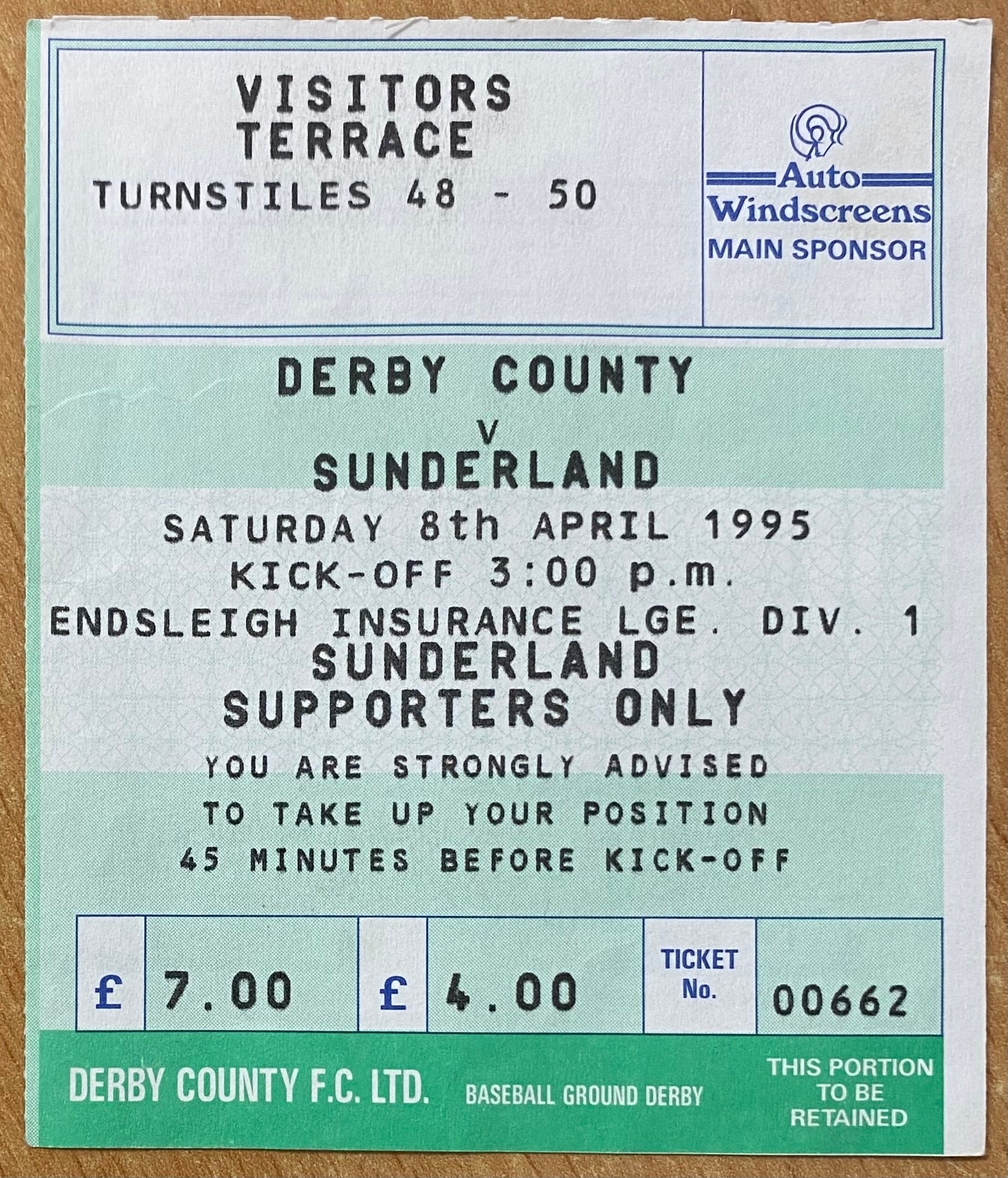 1994/95 ORIGINAL DIVISION 1 TICKET DERBY COUNTY V SUNDERLAND