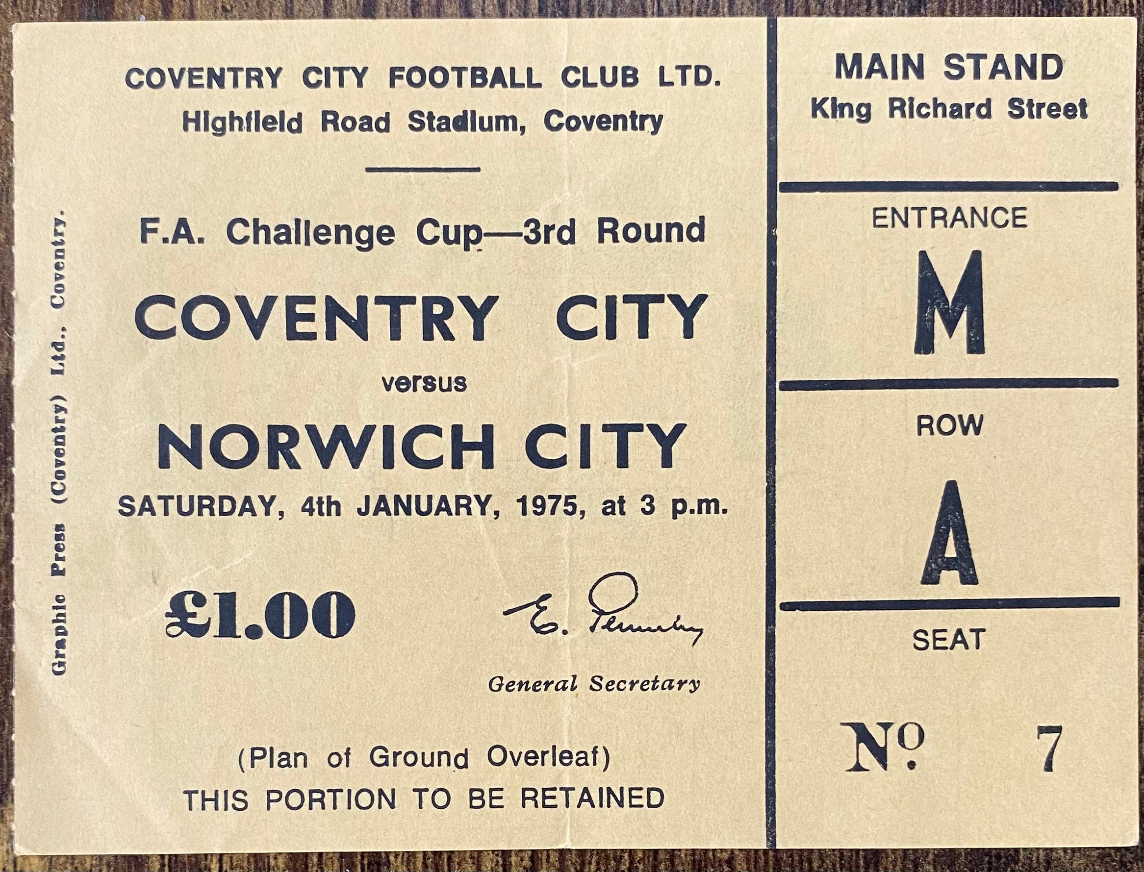 1974/75 ORIGINAL FA CUP 3RD ROUND  TICKET COVENTRY CITY V NORWICH CITY