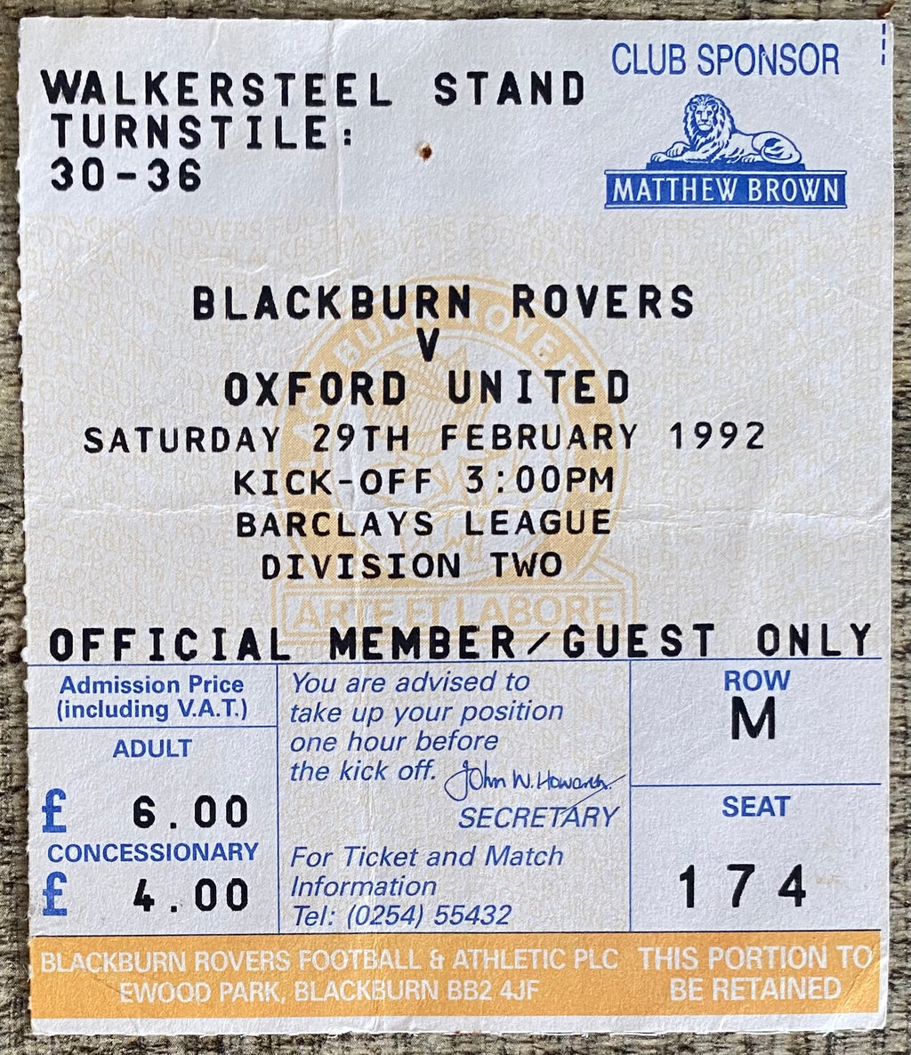 1991/92 ORIGINAL DIVISION 2 TICKET BLACKBURN ROVERS V OXFORD UNITED
