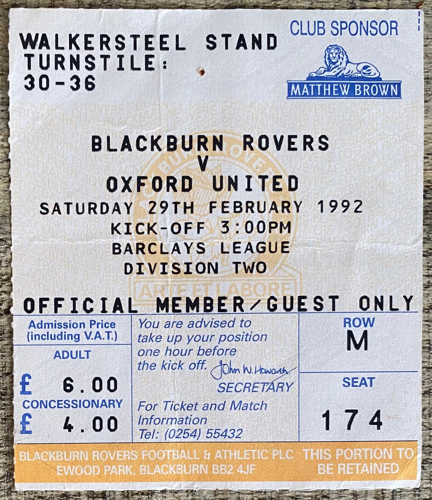 1991/92 ORIGINAL DIVISION 2 TICKET BLACKBURN ROVERS V OXFORD UNITED