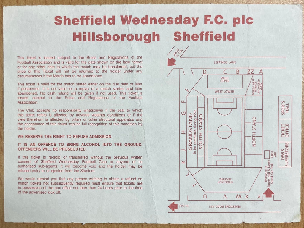 1995/96 ORIGINAL FA PREMIERSHIP TICKET SHEFFIELD WEDNESDAY V NEWCASTLE UNITED