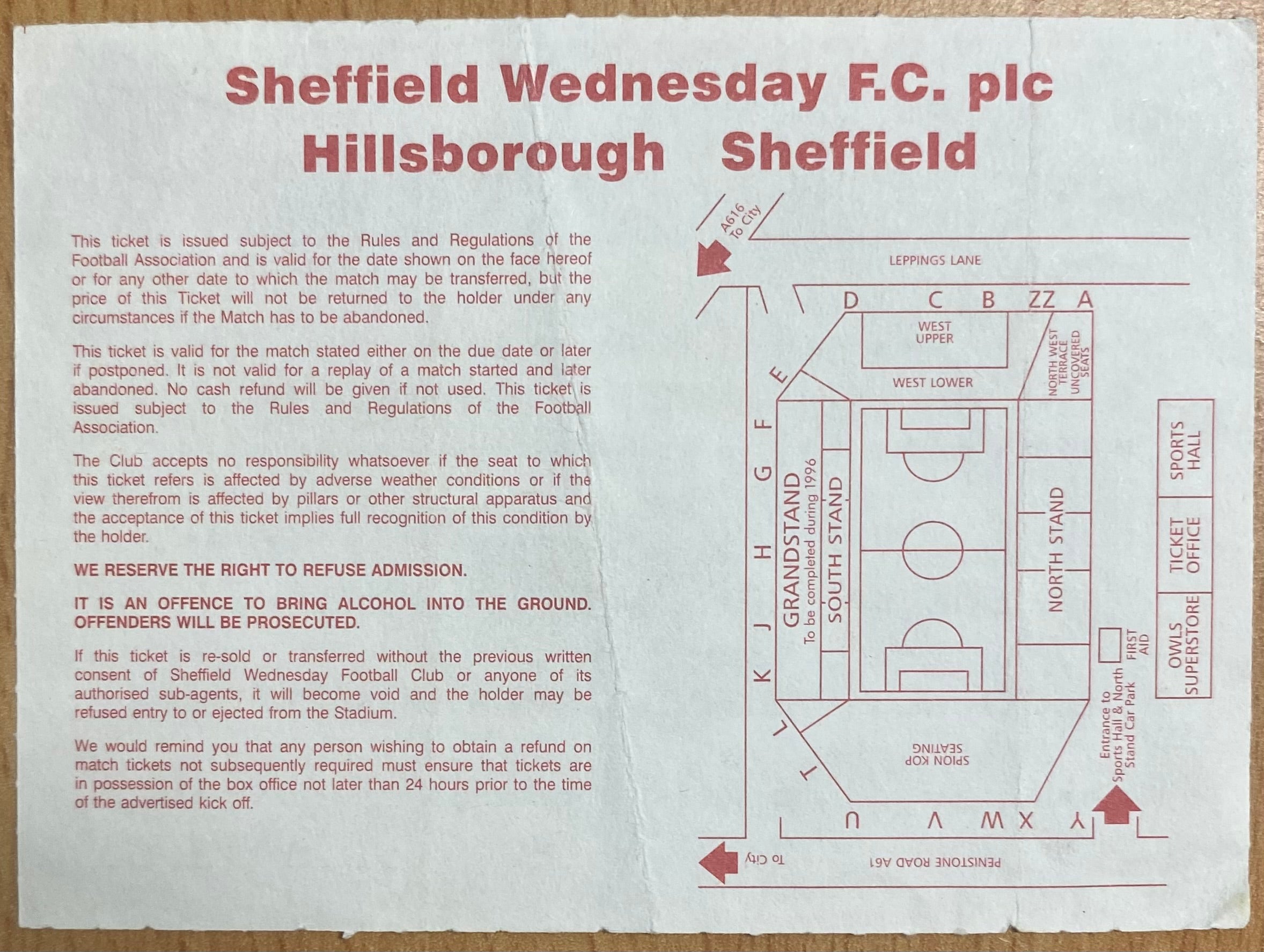 1995/96 ORIGINAL FA PREMIERSHIP TICKET SHEFFIELD WEDNESDAY V NEWCASTLE UNITED