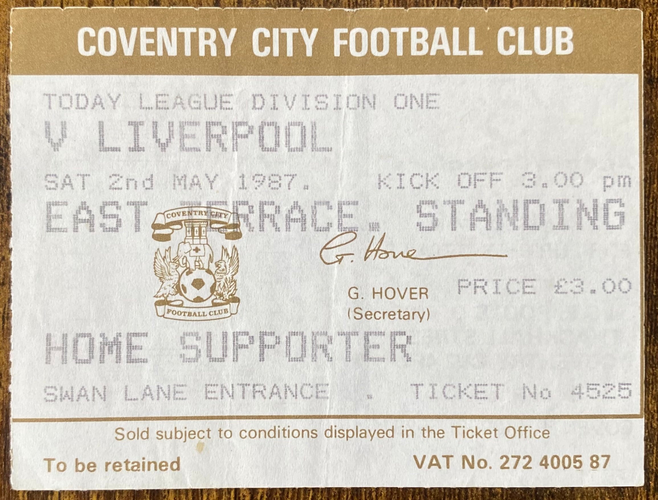 1986/87 ORIGINAL DIVISION 1 TICKET COVENTRY CITY V LIVERPOOL