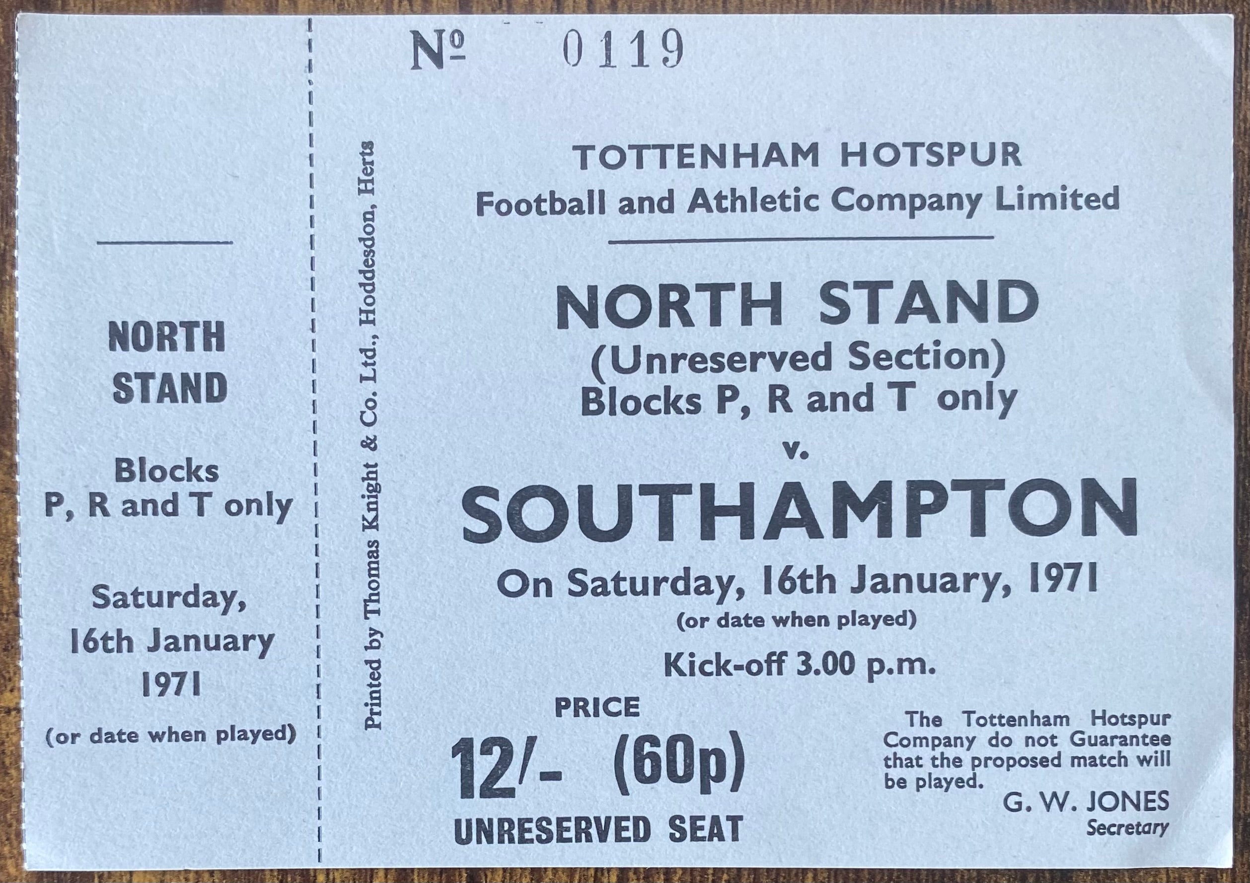 1970/71 ORIGINAL DIVISION ONE UNUSED TICKET TOTTENHAM HOTSPUR V SOUTHAMPTON