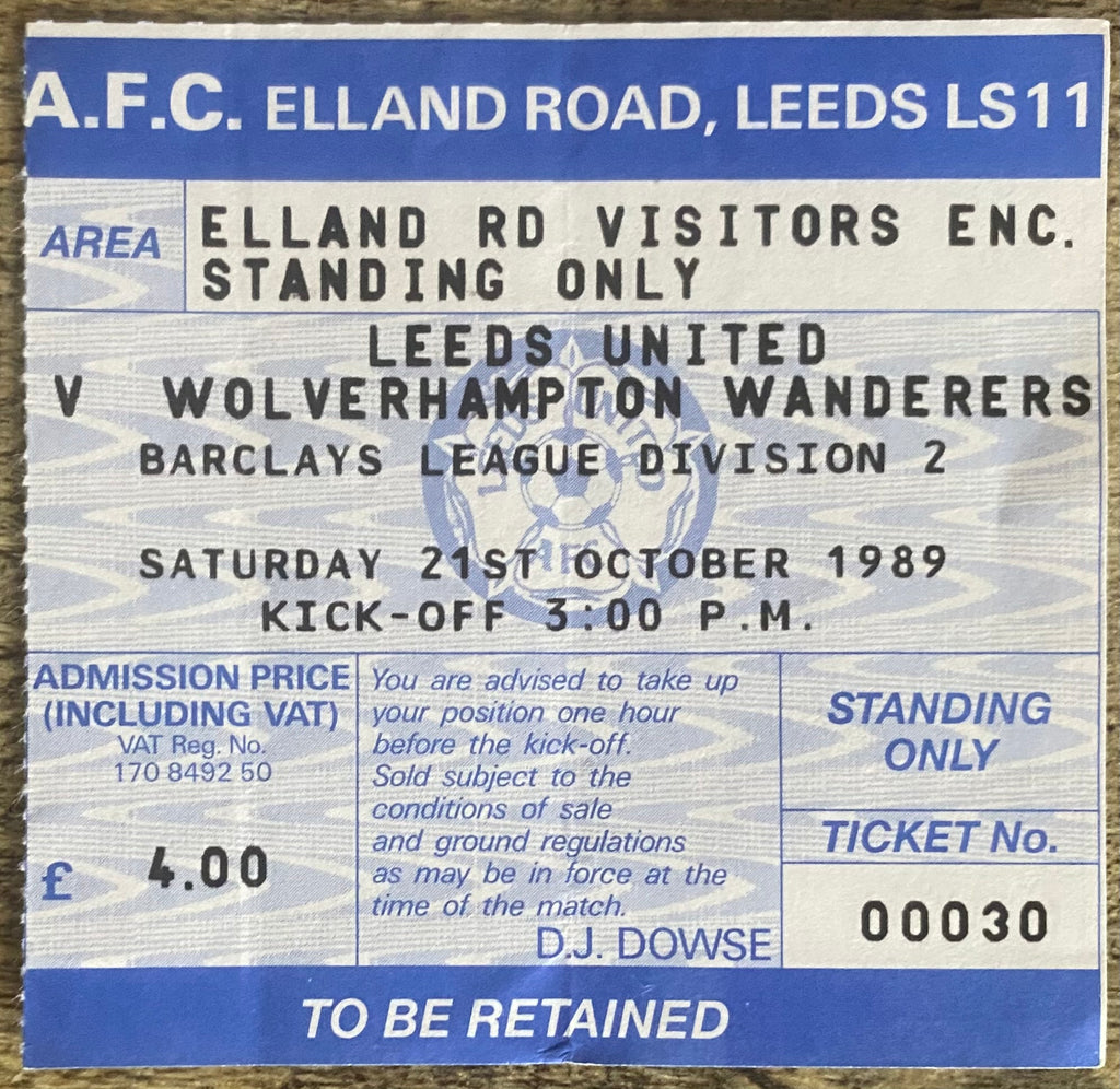 1989/90 ORIGINAL DIVISION TWO TICKET LEEDS UNITED V WOLVERHAMPTON WANDERERS
