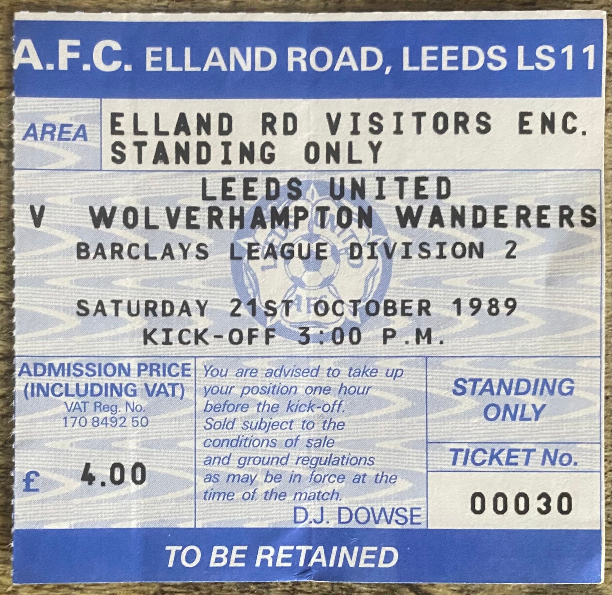 1989/90 ORIGINAL DIVISION TWO TICKET LEEDS UNITED V WOLVERHAMPTON WANDERERS