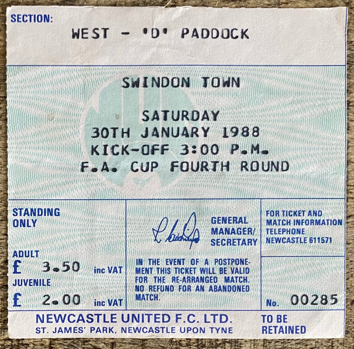 1987/88 ORIGINAL FA CUP 4TH ROUND TICKET NEWCASTLE UNITED V SWINDON TOWN