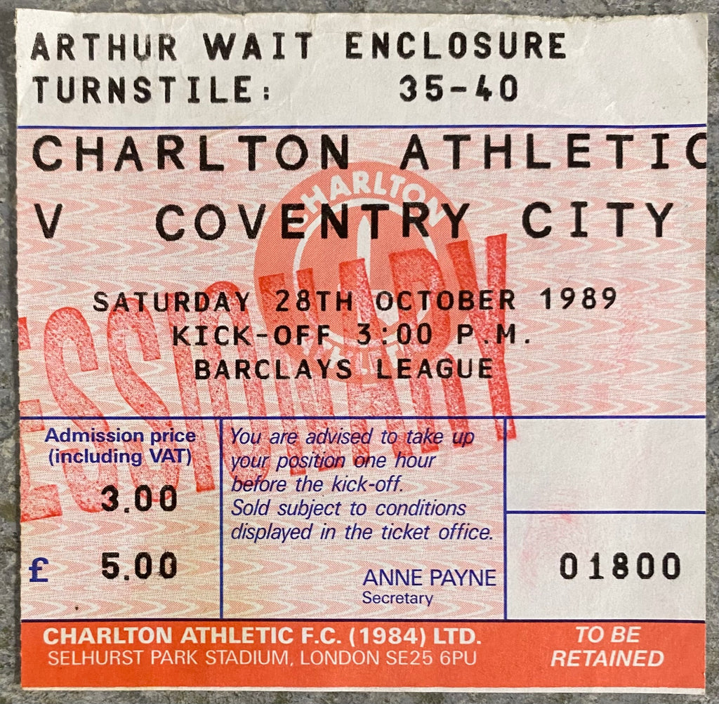1989/90 ORIGINAL DIVISION ONE TICKET CHARLTON ATHLETIC V COVENTRY CITY