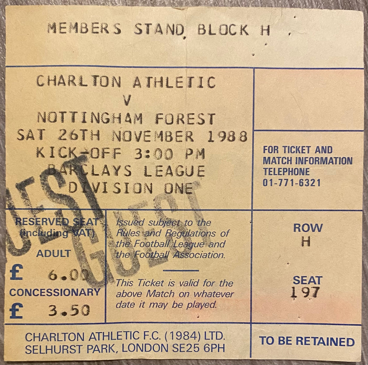1988/89 ORIGINAL DIVISION ONE TICKET CHARLTON ATHLETIC V NOTTINGHAM FOREST