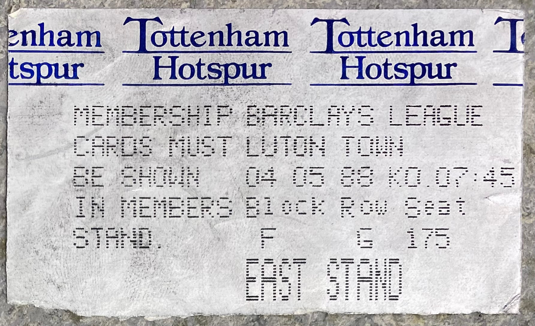 1987/88 ORIGINAL DIVISION ONE TICKET TOTTENHAM HOTSPUR V LUTON TOWN