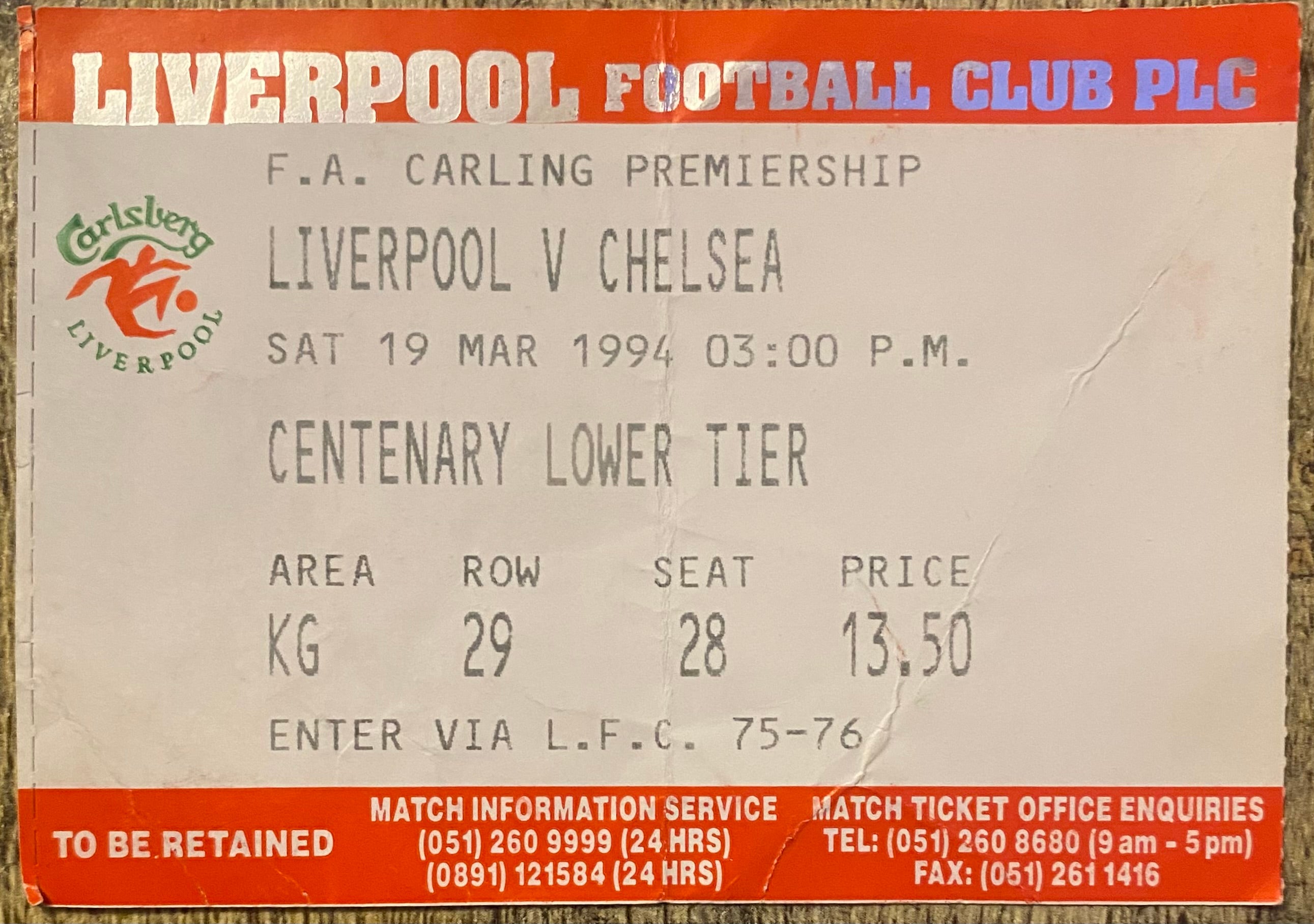 1993/94 ORIGINAL FA PREMIERSHIP TICKET LIVERPOOL V CHELSEA
