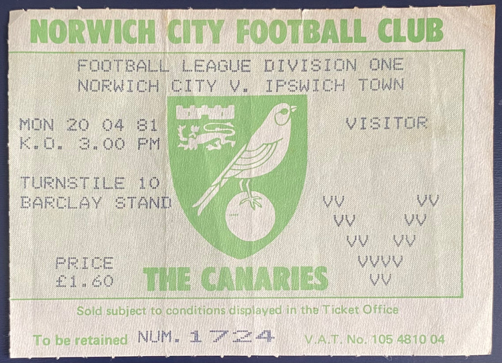 1980/81 ORIGINAL DIVISION 1 TICKET NORWICH CITY V IPSWICH TOWN