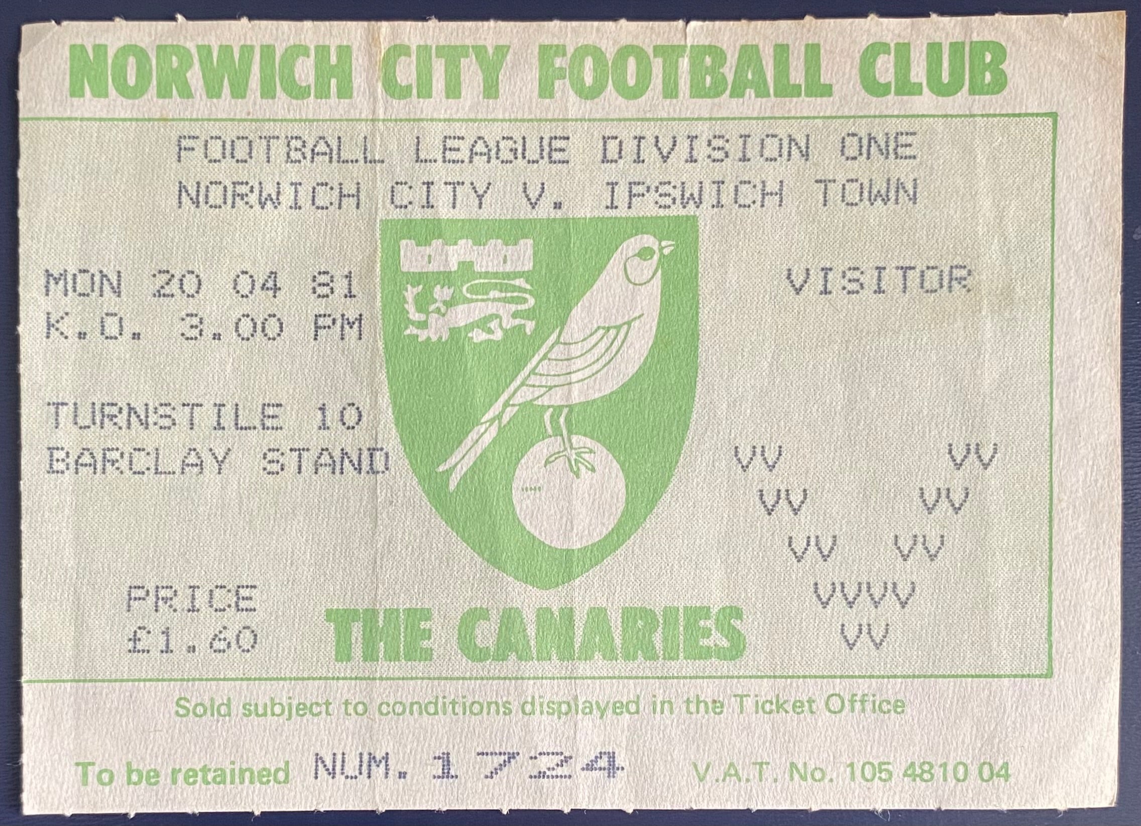 1980/81 ORIGINAL DIVISION 1 TICKET NORWICH CITY V IPSWICH TOWN
