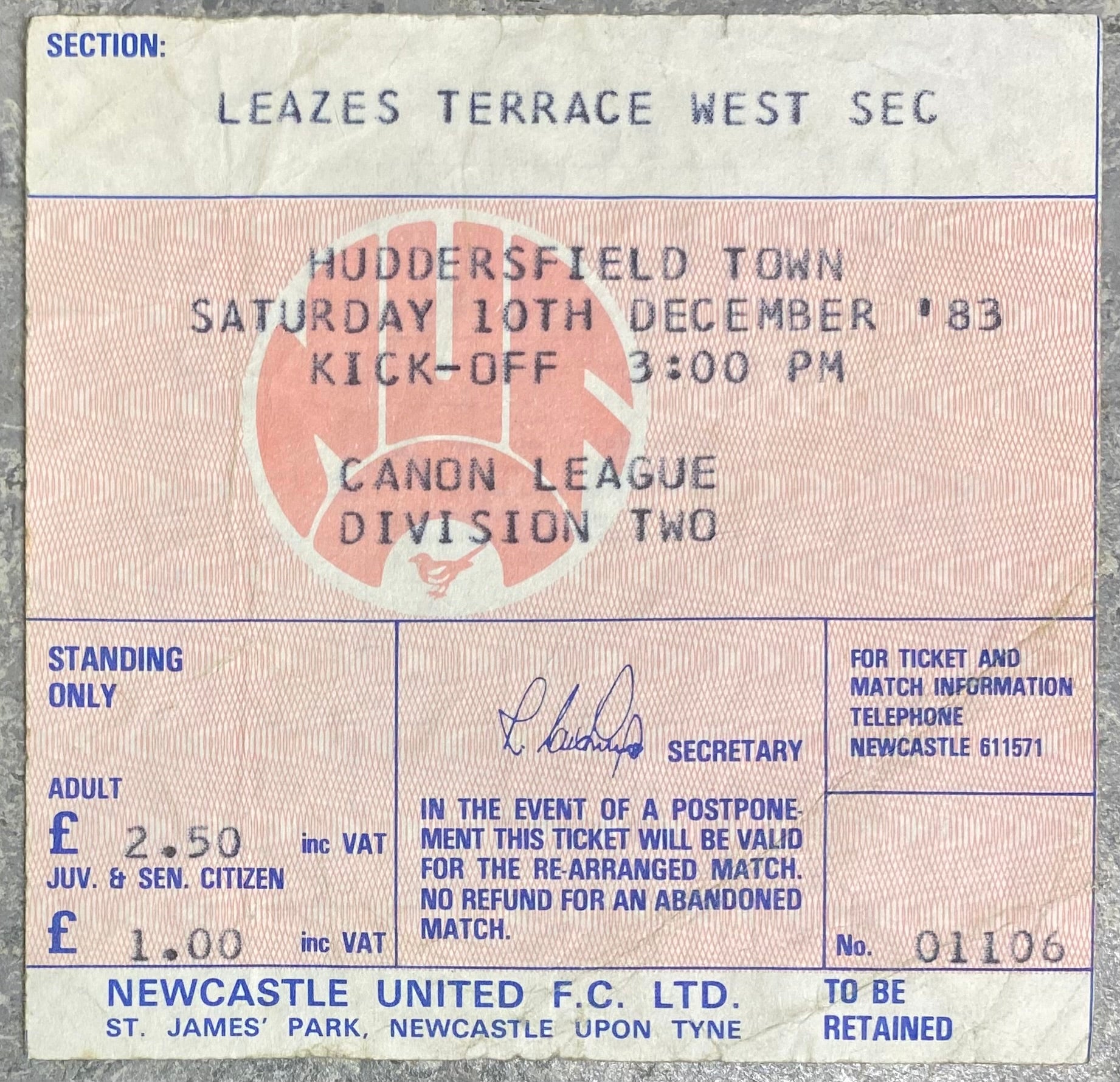 1983/84 ORIGINAL DIVISION TWO TICKET NEWCASTLE UNITED V HUDDERSFIELD TOWN