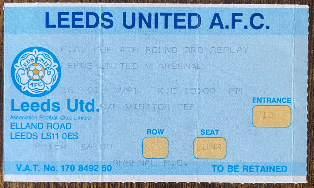 1990/91 ORIGINAL FA CUP 4TH ROUND 3RD REPLAY TICKET LEEDS UNITED V ARSENAL