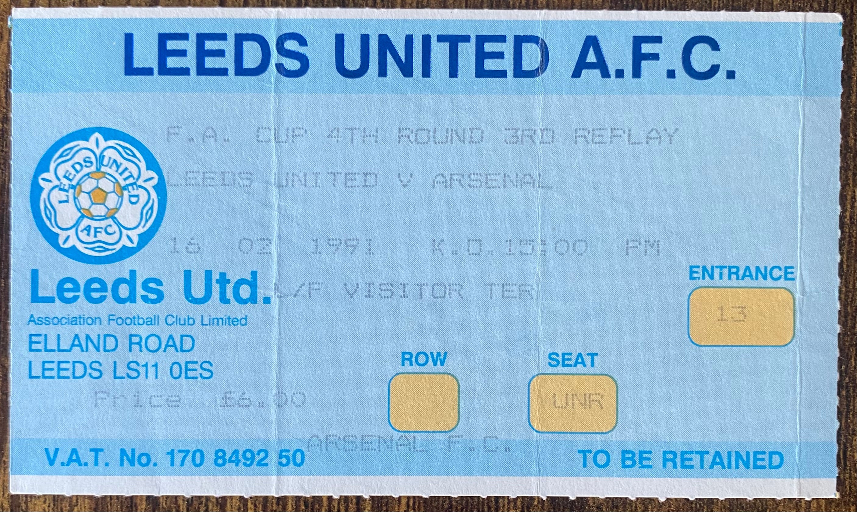 1990/91 ORIGINAL FA CUP 4TH ROUND 3RD REPLAY TICKET LEEDS UNITED V ARSENAL