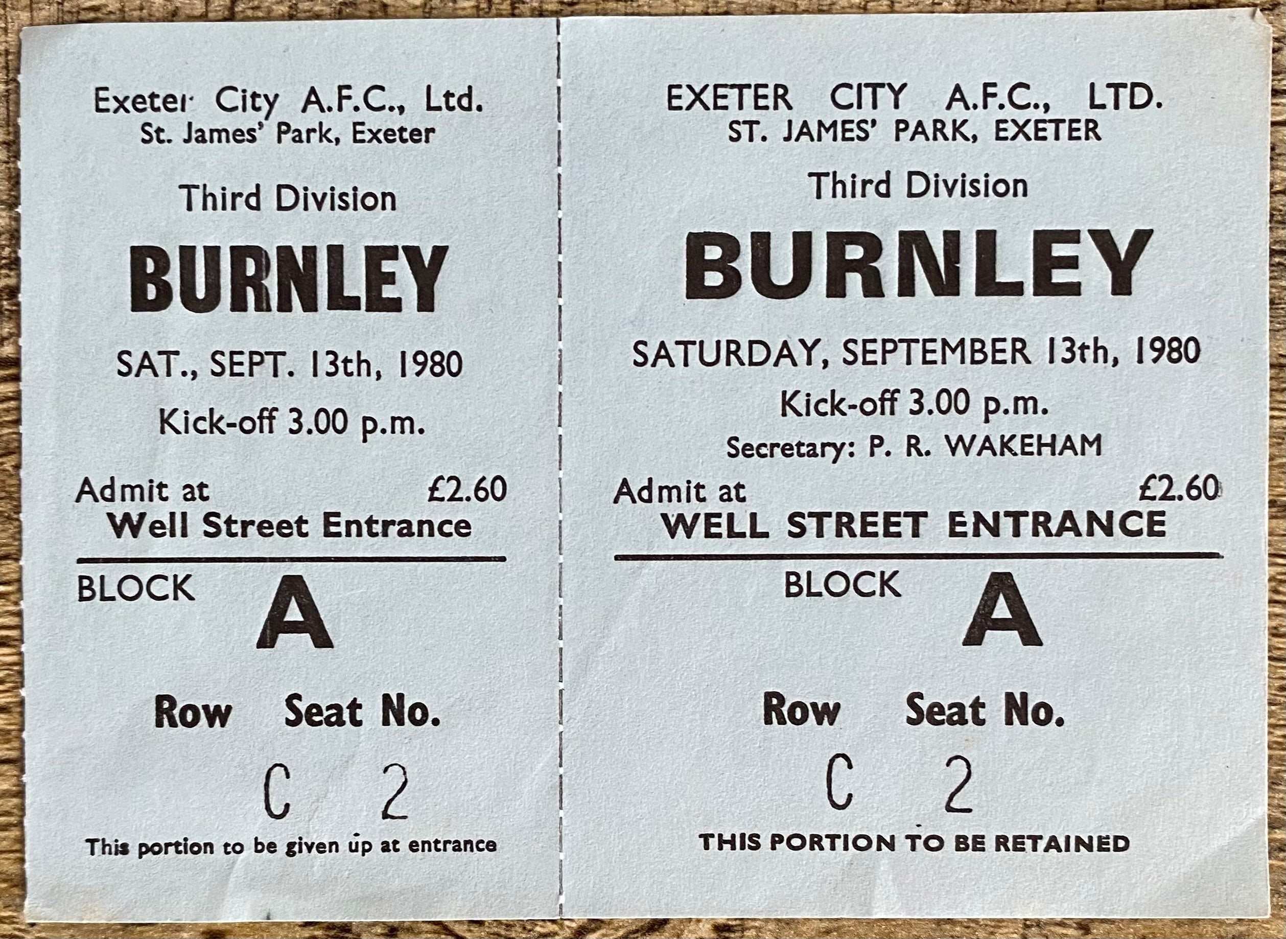 1980/81  ORIGINAL DIVISION 3 UNUSED TICKET EXETER CITY V BURNLEY