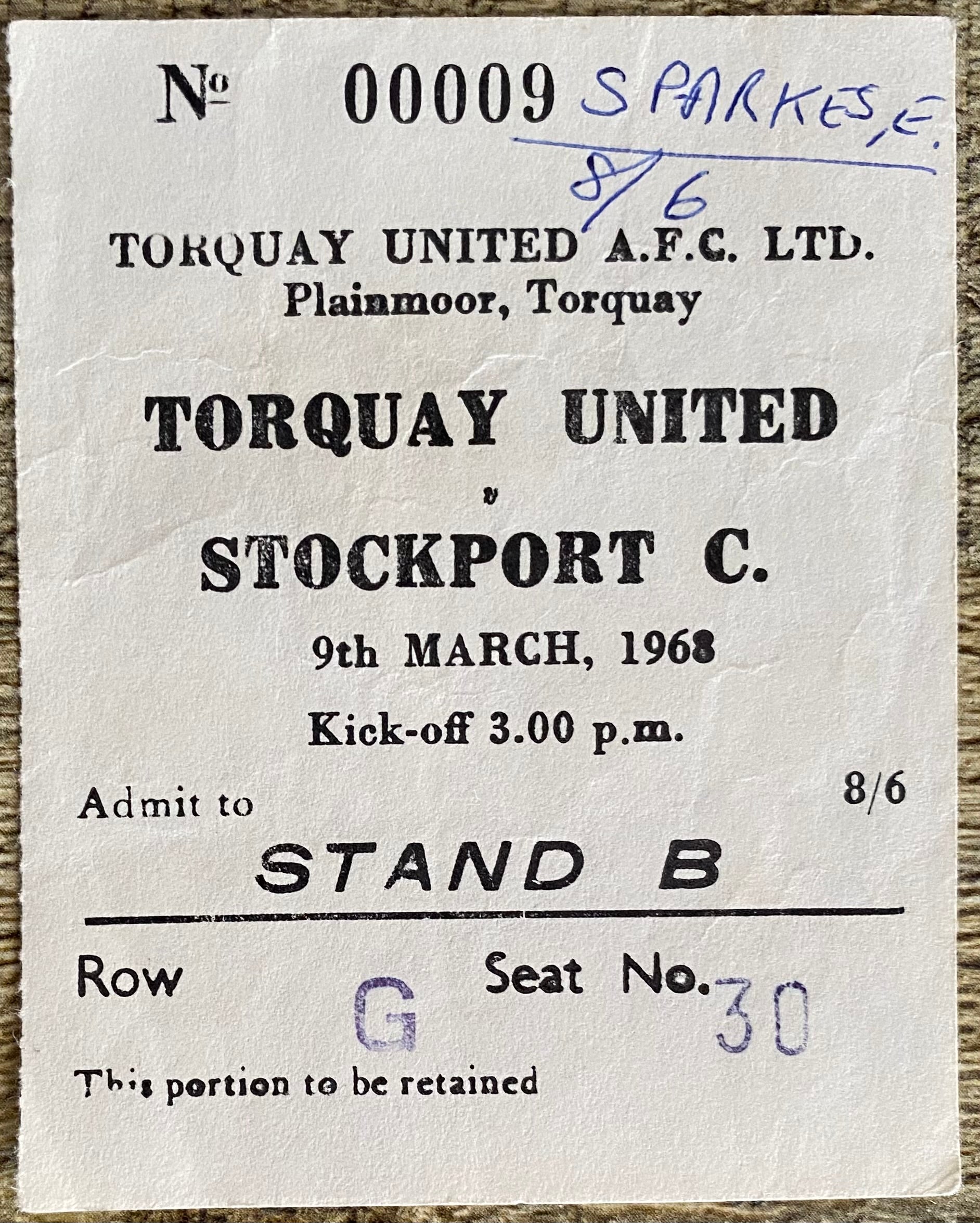 1967/68  ORIGINAL DIVISION 3 TICKET TORQUAY UNITED V STOCKPORT COUNTY