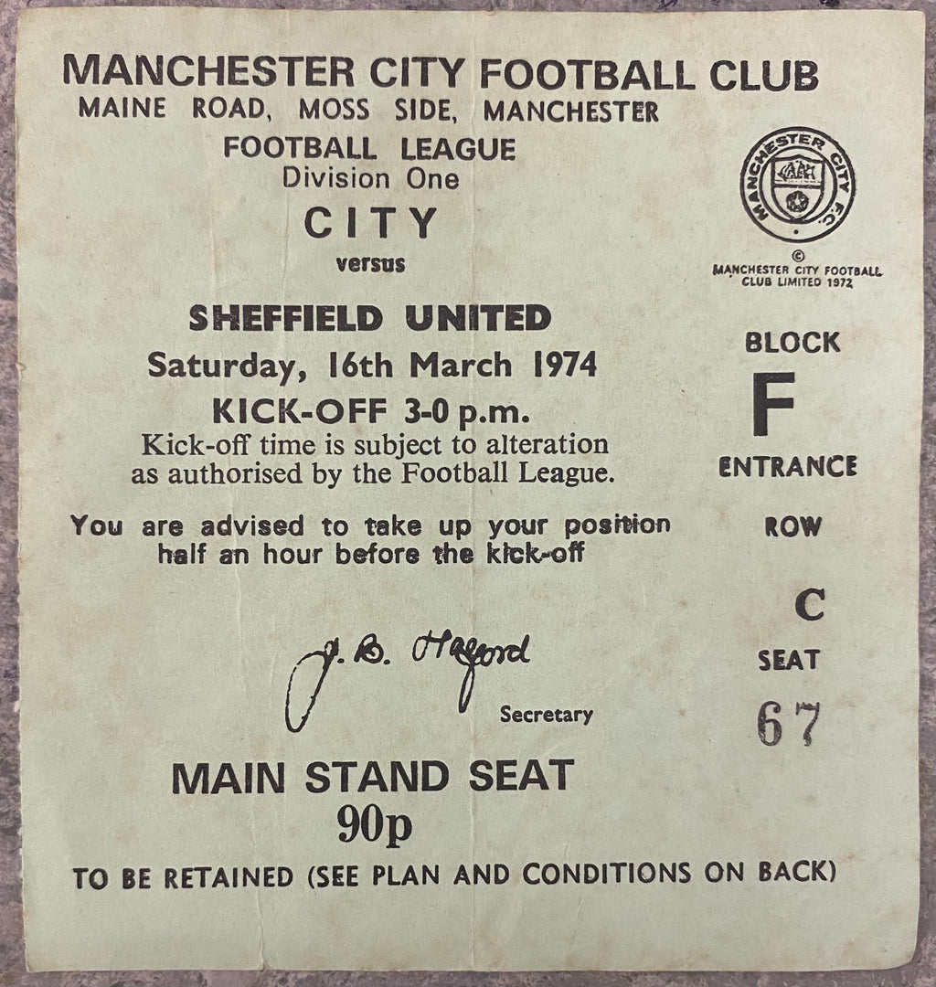 1973/74 ORIGINAL DIVISION 1 TICKET MANCHESTER CITY V SHEFFIELD UNITED + TICKET OFFICE CORRESPONDENCE