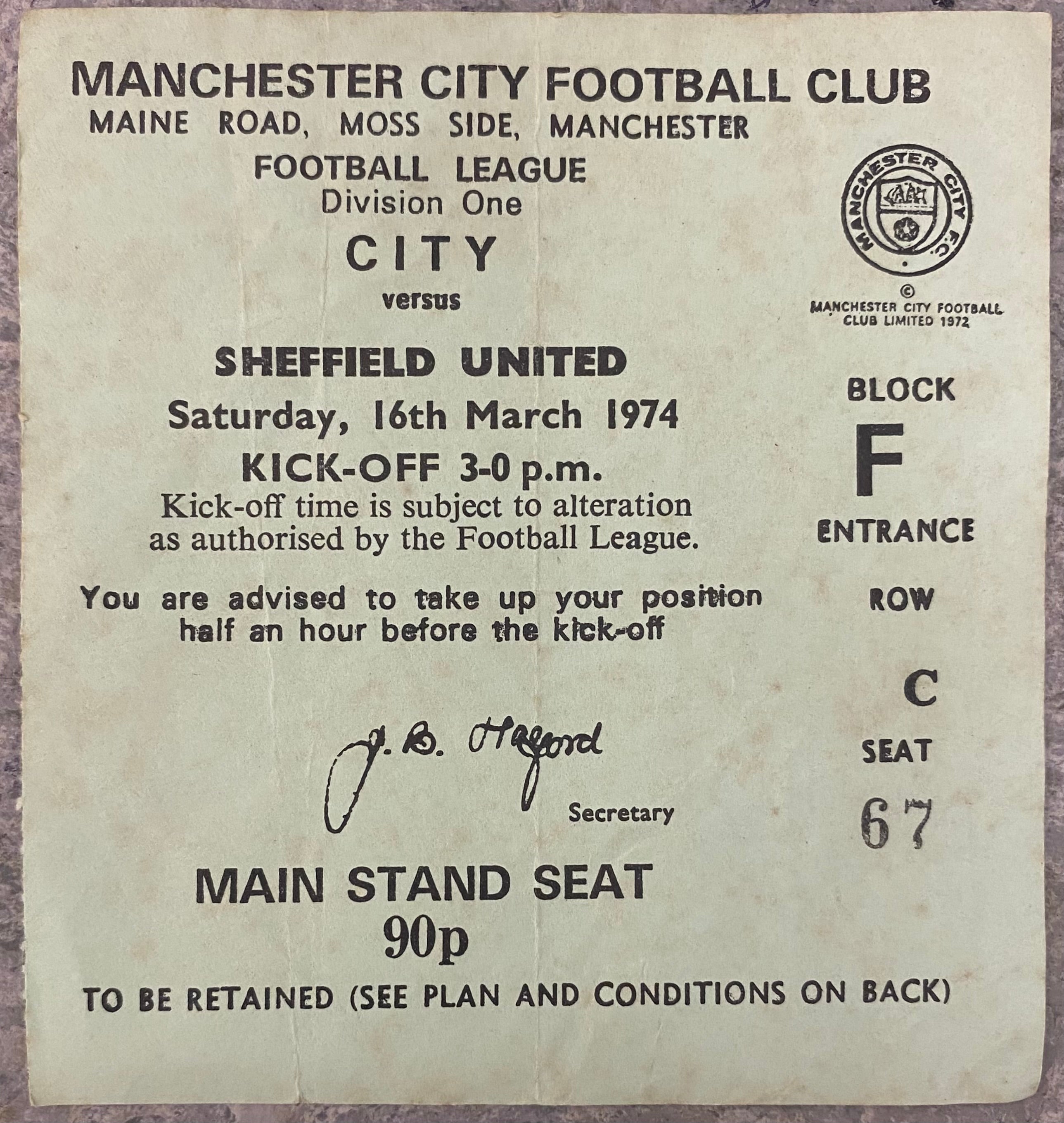 1973/74 ORIGINAL DIVISION 1 TICKET MANCHESTER CITY V SHEFFIELD UNITED + TICKET OFFICE CORRESPONDENCE