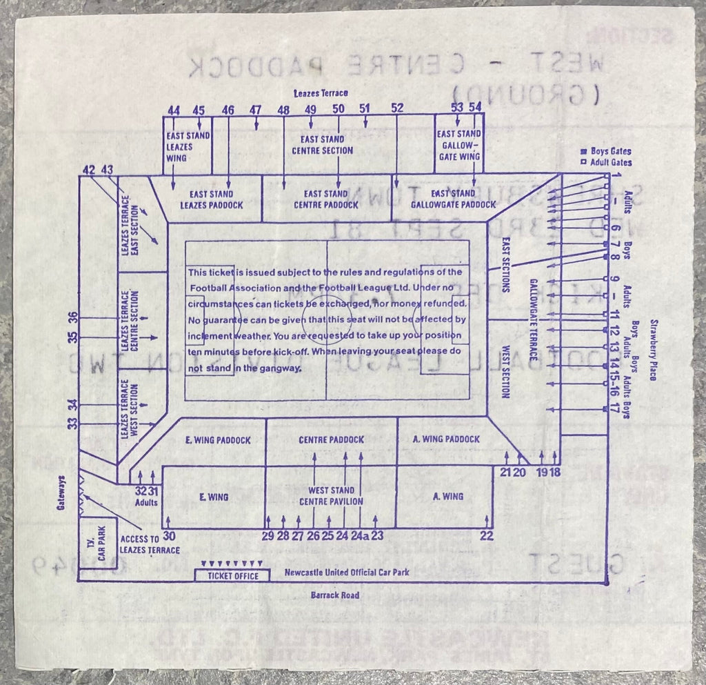 1981/82 ORIGINAL DIVISION TWO TICKET NEWCASTLE UNITED V SHREWSBURY TOWN