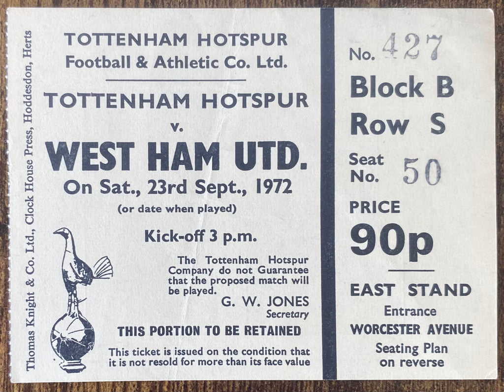 1972/73 ORIGINAL DIVISION ONE TICKET TOTTENHAM HOTSPUR V WEST HAM UNITED