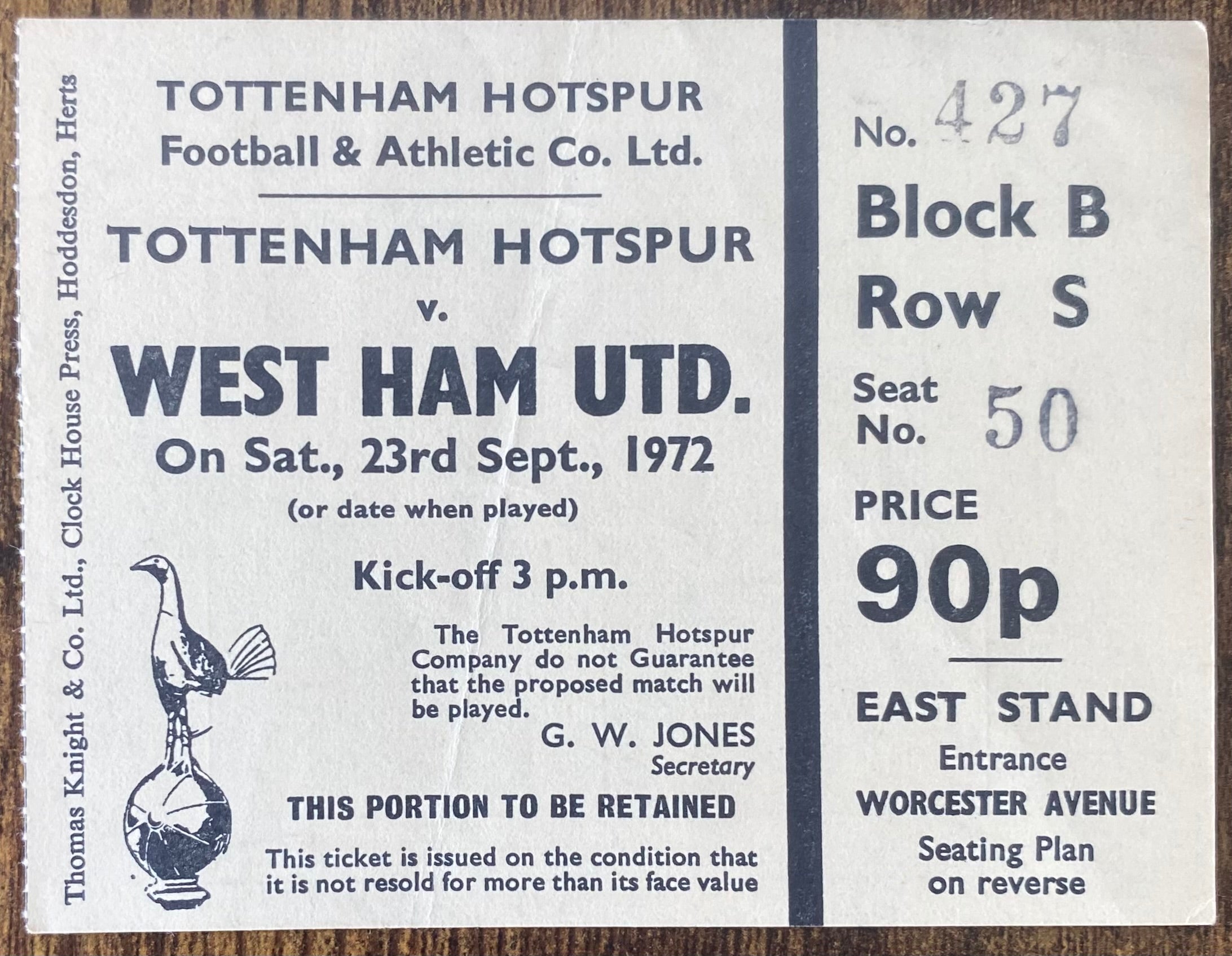 1972/73 ORIGINAL DIVISION ONE TICKET TOTTENHAM HOTSPUR V WEST HAM UNITED