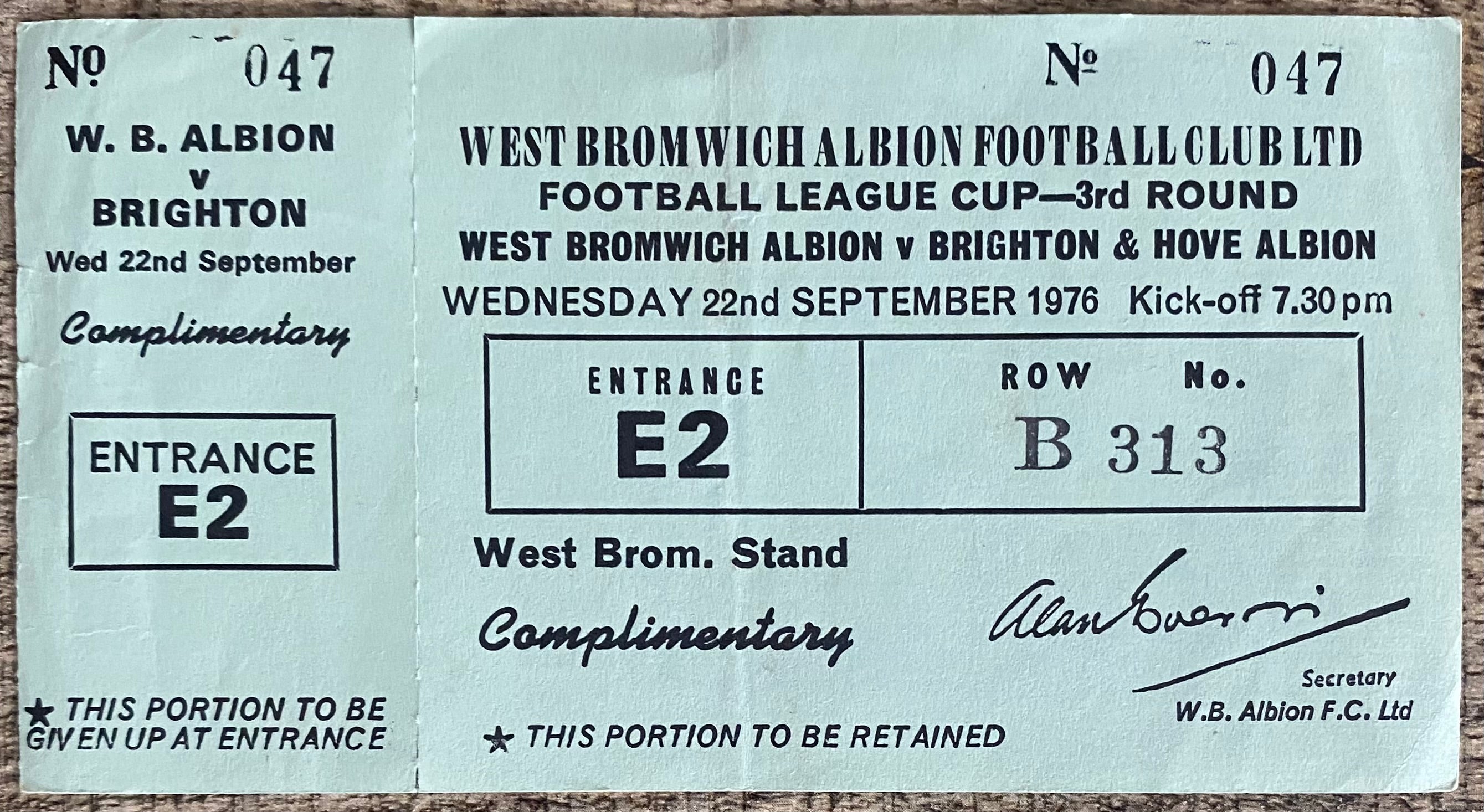 1976/77 ORIGINAL LEAGUE CUP 3RD ROUND UNUSED TICKET WEST BROMWICH ALBION V BRIGHTON AND HOVE ALBION