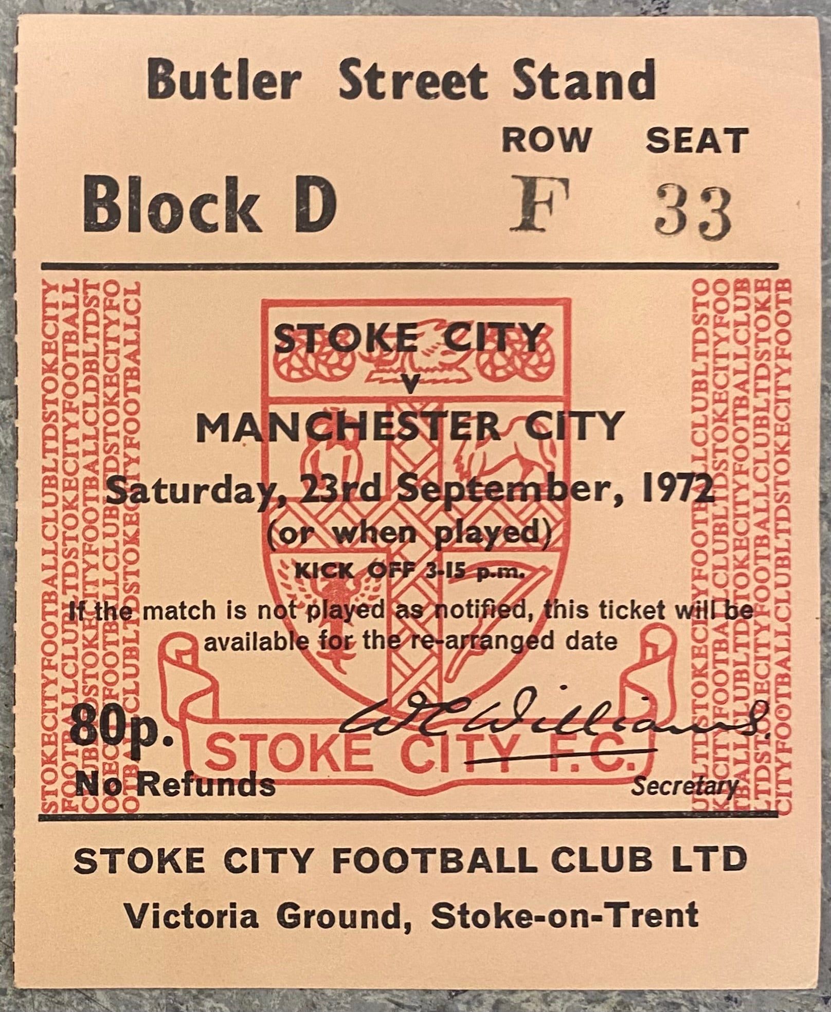 1972/73 ORIGINAL DIVISION ONE TICKET STOKE CITY V MANCHESTER CITY