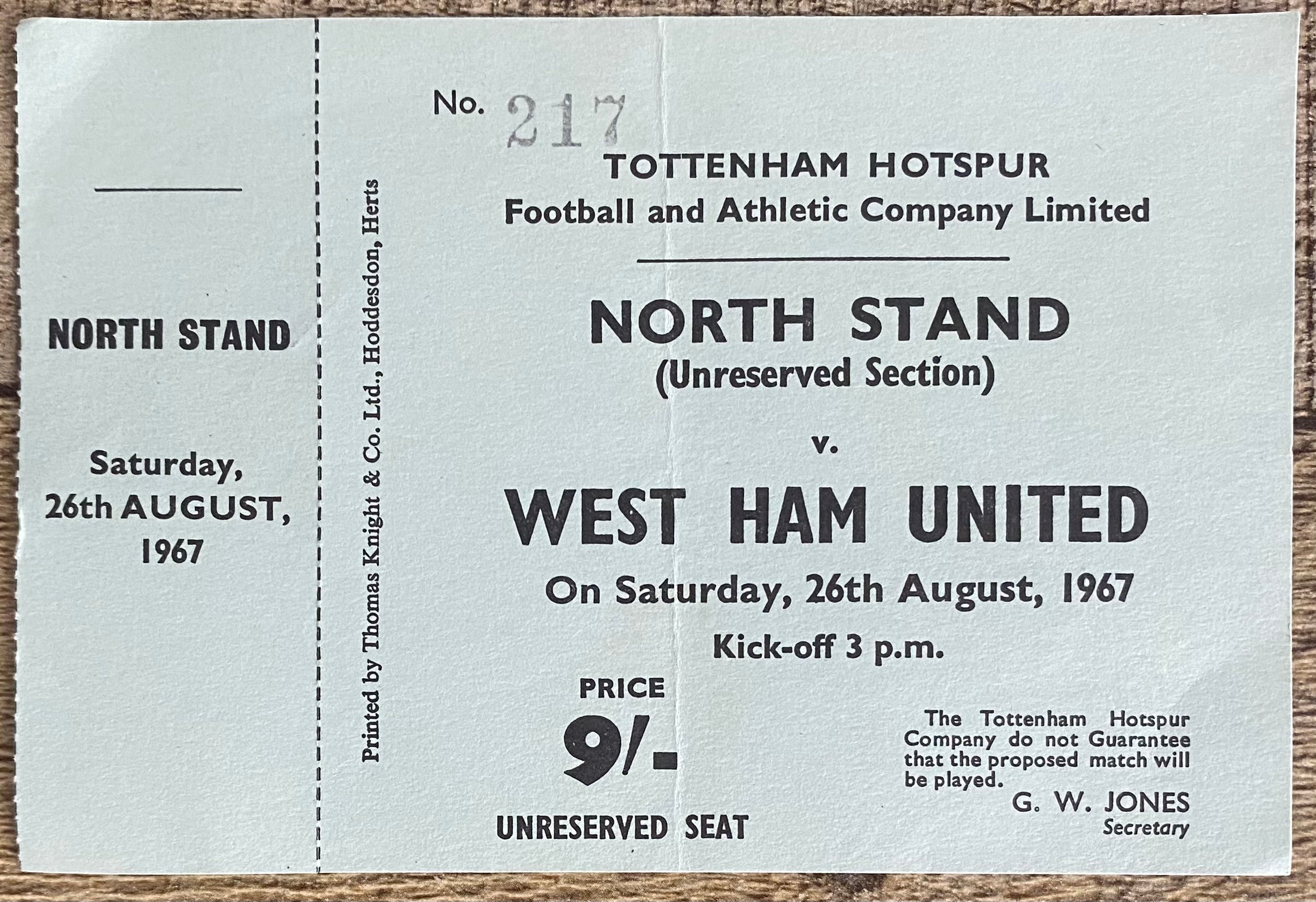 1967/68 ORIGINAL DIVISION ONE UNUSED TICKET TOTTENHAM HOTSPUR V WEST HAM UNITED