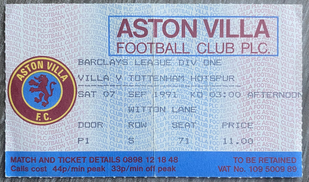1991/92 ORIGINAL DIVISION ONE TICKET ASTON VILLA V TOTTENHAM HOTSPUR